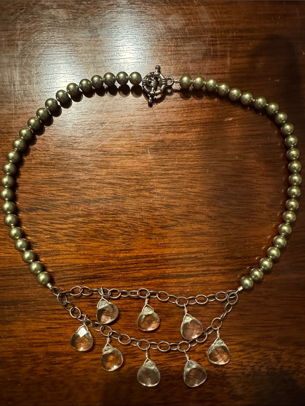 Olive Beaded Necklace with Gold-Tone Teardrop Charms